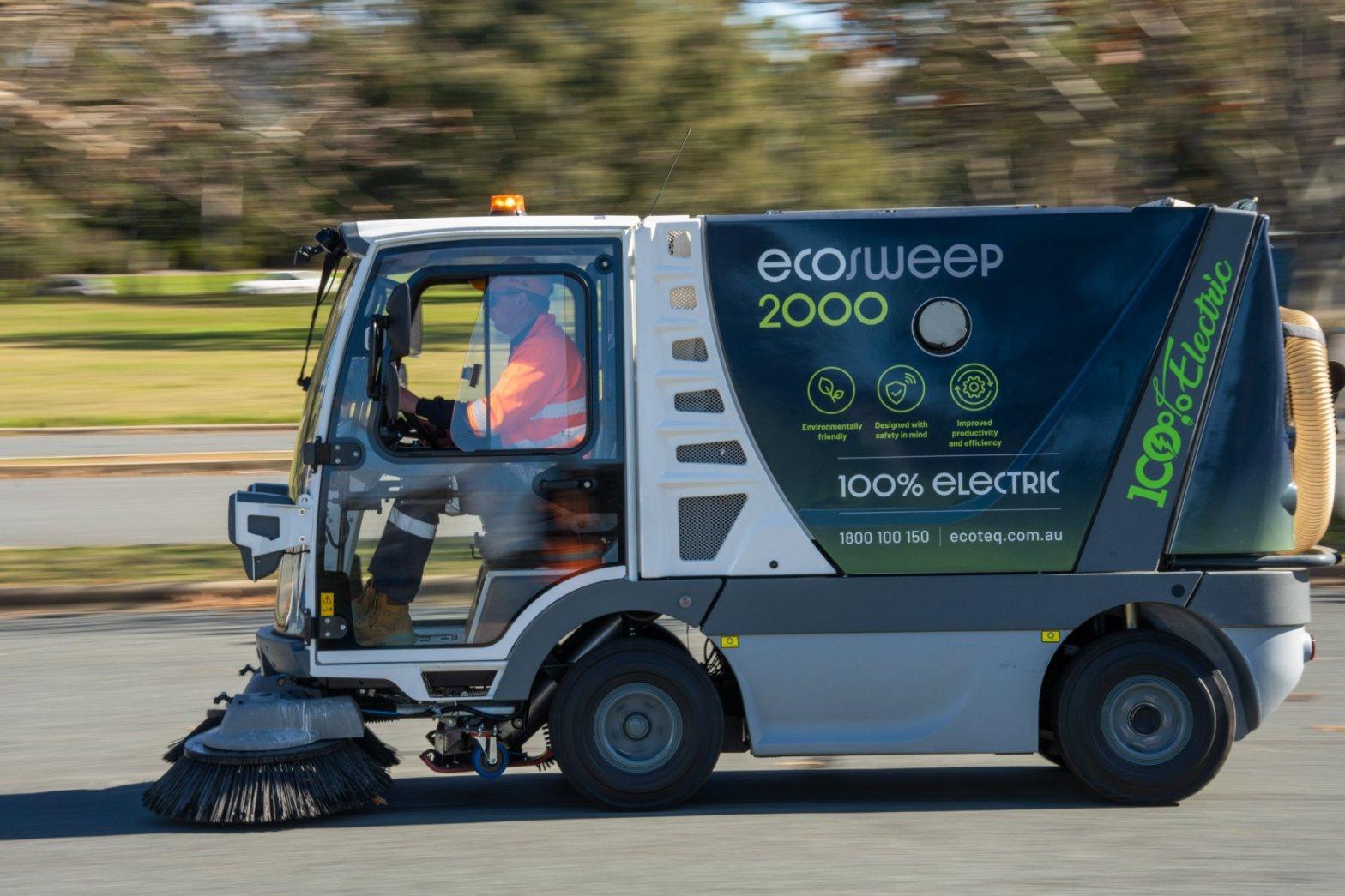 The Eco Sweeper is a fully electric street sweeper that can run continuously for 10 hours and has a 2000 litre waste capacity